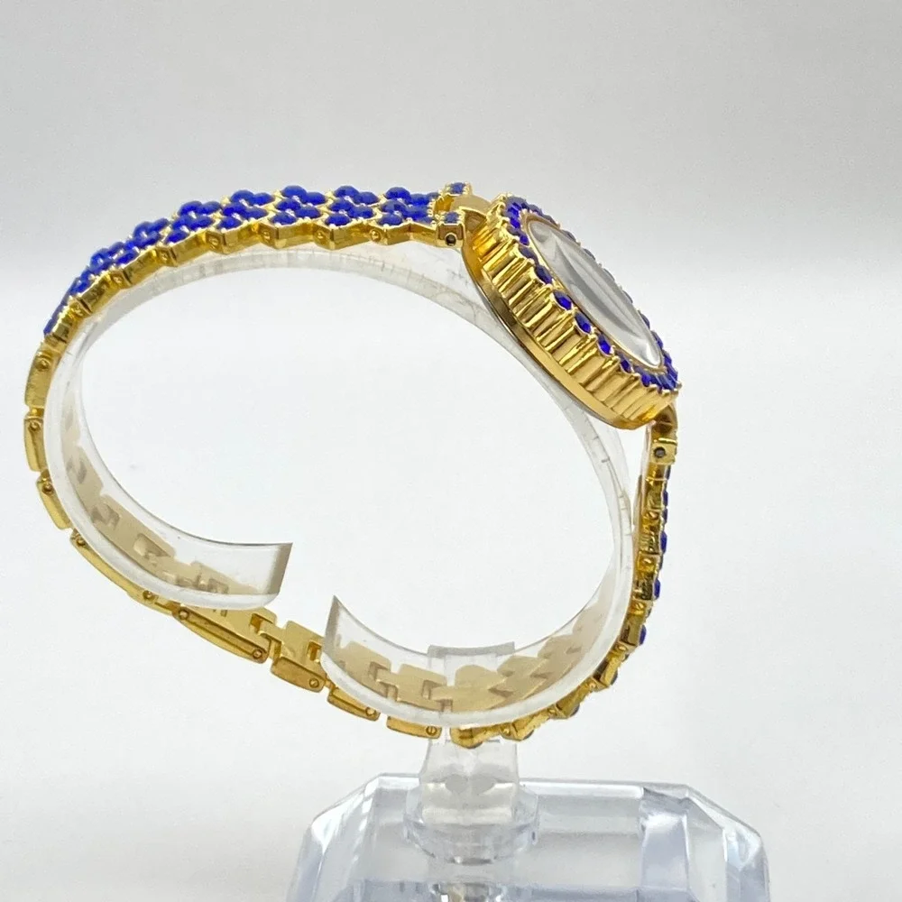 Modern Women's Watch 29mm Gold Tone Blue Crystals Bling Round New Battery 7.25